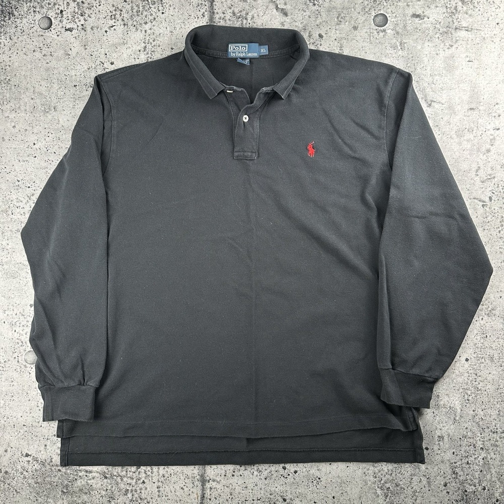 Polo Ralph Lauren Polo Shirt Mens Large Black Long Sleeve Red Pony Logo‎ rugby